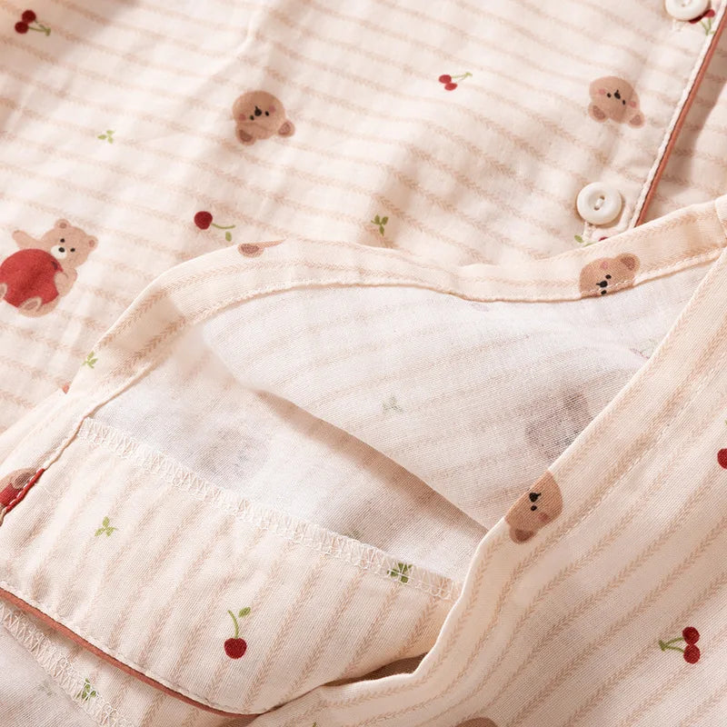Pijama Teddy Stripe de Algodão Feminino Longo