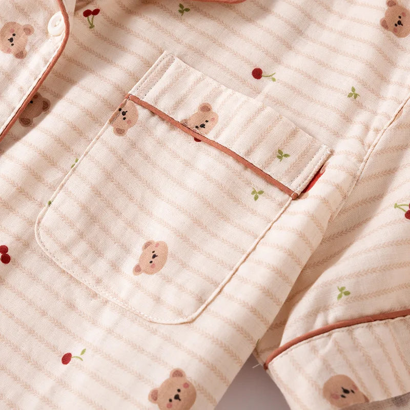 Pijama Teddy Stripe de Algodão Feminino Longo
