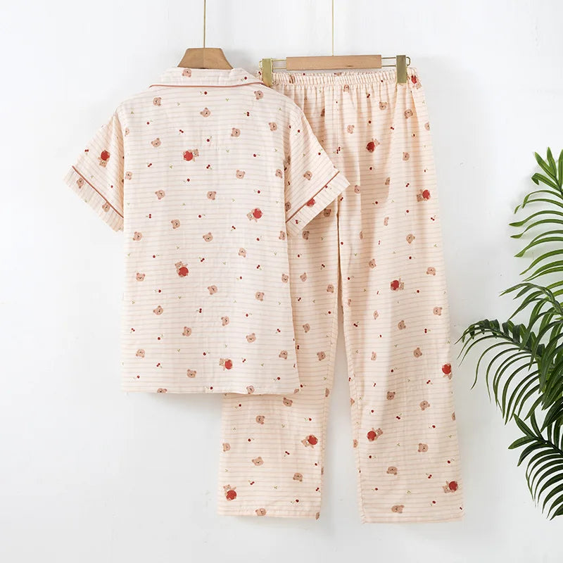 Pijama Teddy Stripe de Algodão Feminino Longo