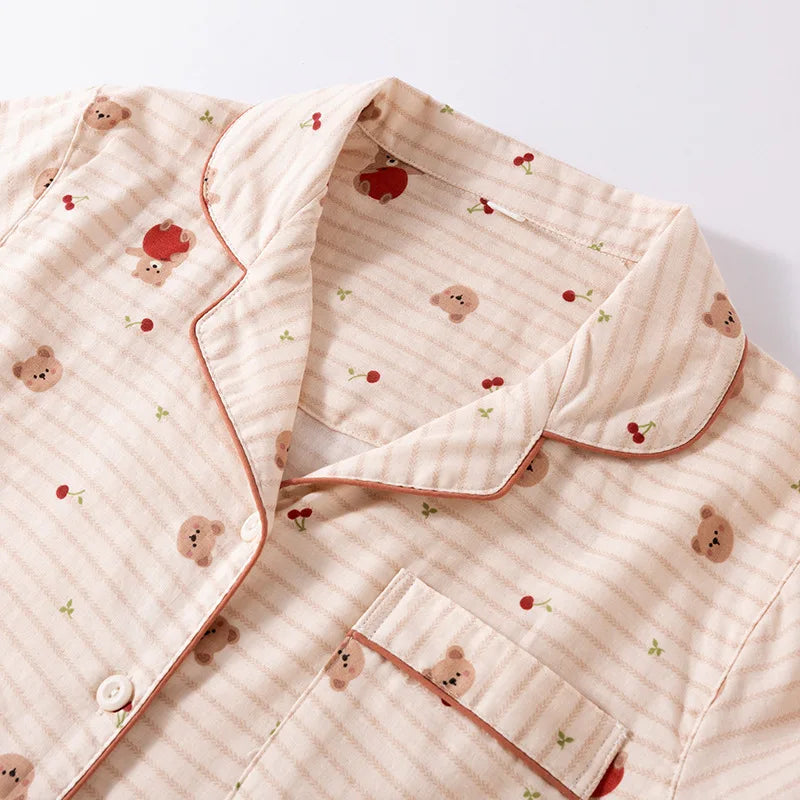 Pijama Teddy Stripe de Algodão Feminino Longo