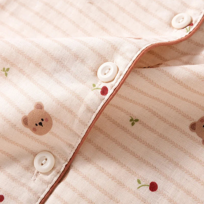Pijama Teddy Stripe de Algodão Feminino Longo