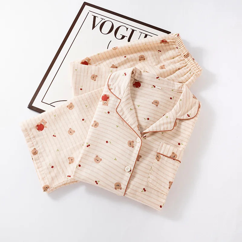 Pijama Teddy Stripe de Algodão Feminino Longo