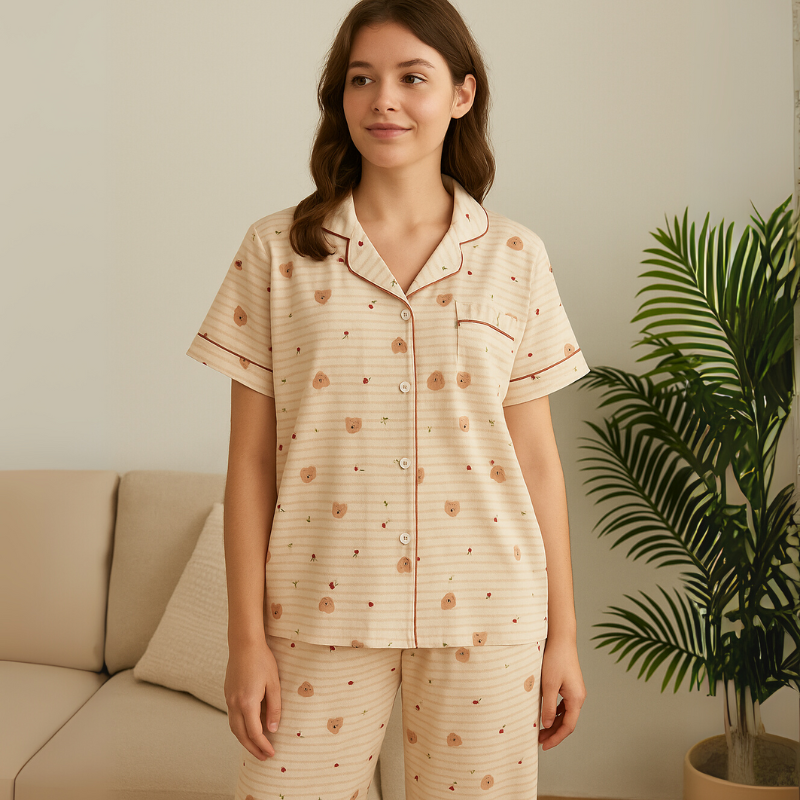 Pijama Teddy Stripe de Algodão Feminino Longo