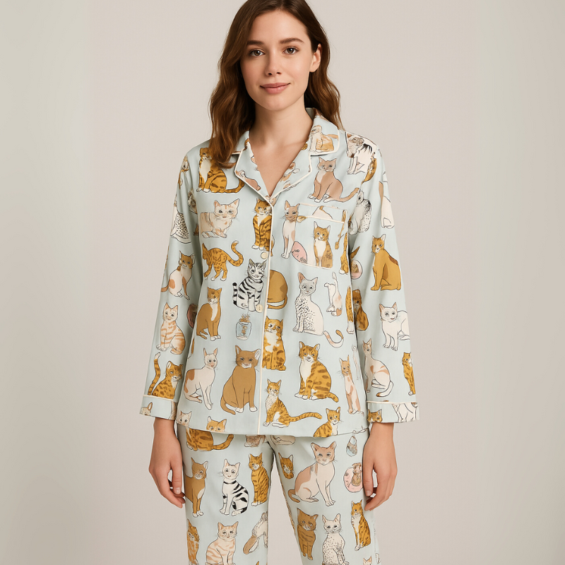 Pijama Funny Cats Americano Feminino Longo