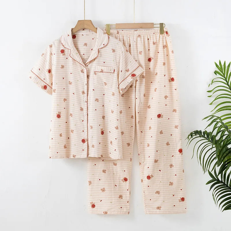 Pijama Teddy Stripe de Algodão Feminino Longo